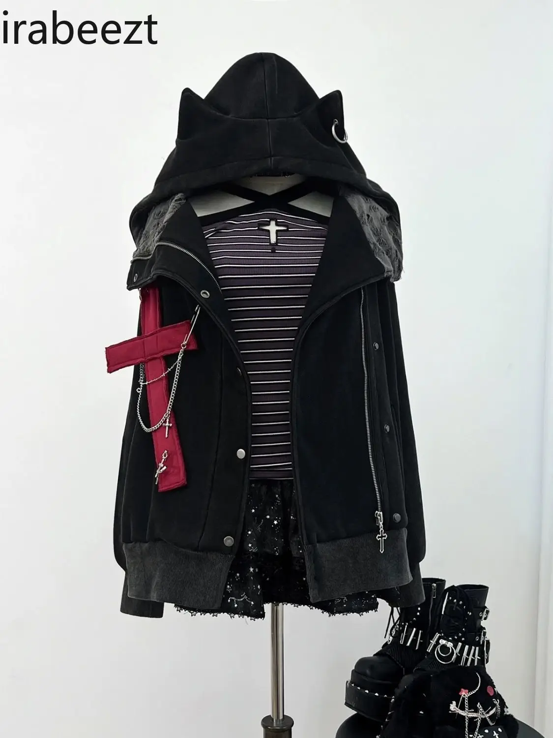 ثقافة فرعية الحلو التوابل الألفية الشرير سلسلة داكنة الصليب زائد الصوف القط الأذن معطف هوديي معطف سوداديراس الفقرة موهير