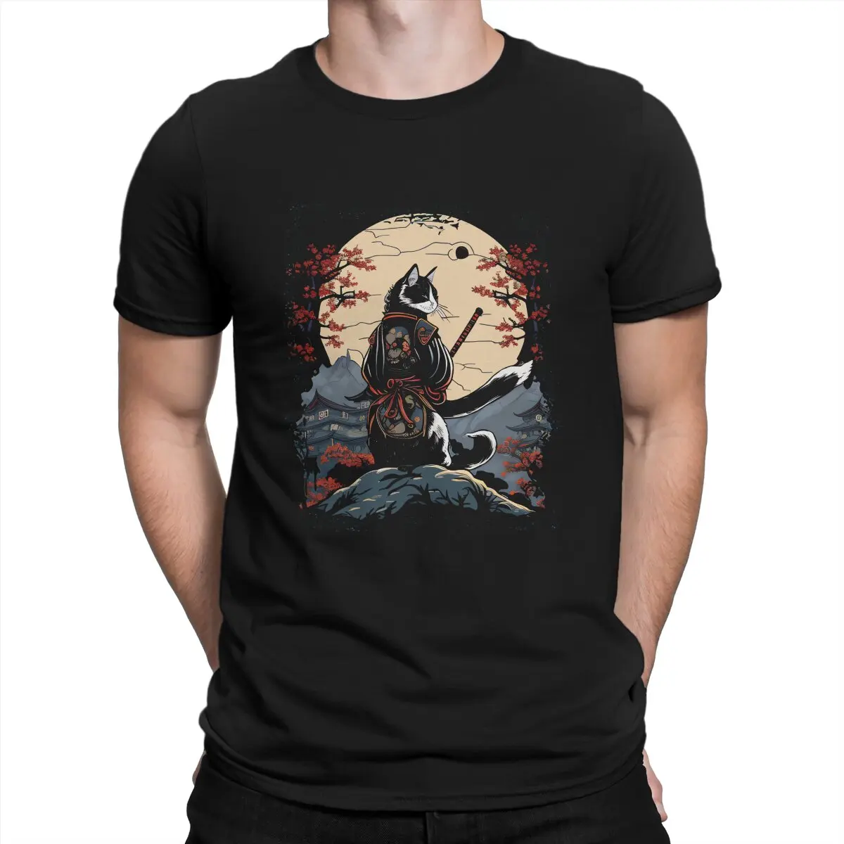 Camiseta creativa de estilo samurái para hombres, gato japonés, Katana, Catana, cuello redondo, Camiseta básica, ropa de regalo personalizada