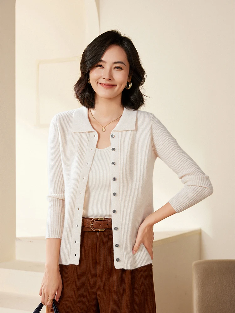 Damski kardigan z kołnierzykiem, zapinany na guziki, ze 100% wełny merino, jesienno-zimowy, elegancki sweter z kaszmirem, dzianina, dopasowany wełniany top.