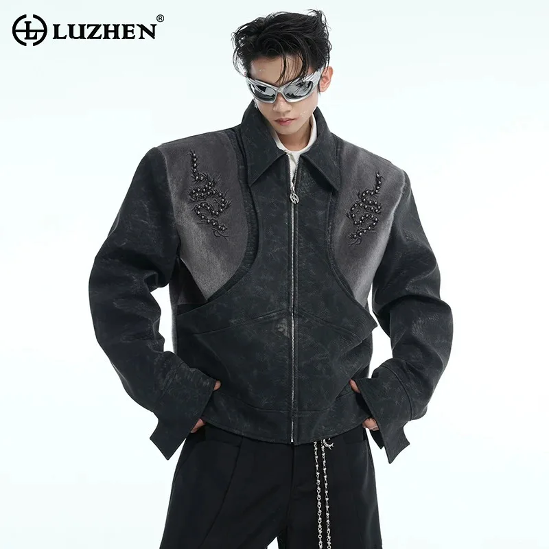 LUZHEN 2025 Original Feather Decorate Patchwork Design Leather Jacket Men's Trendy High Street Personalized Pattern Coat LZ8672