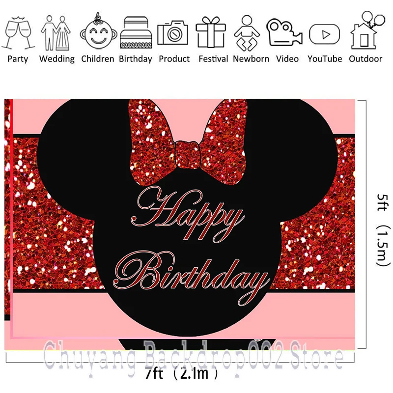 Disney Minnie Mouse Backdrop Party Supplies Red Glitter Photography Backdrop Newborn Birthday Background Girls Boys Decoration