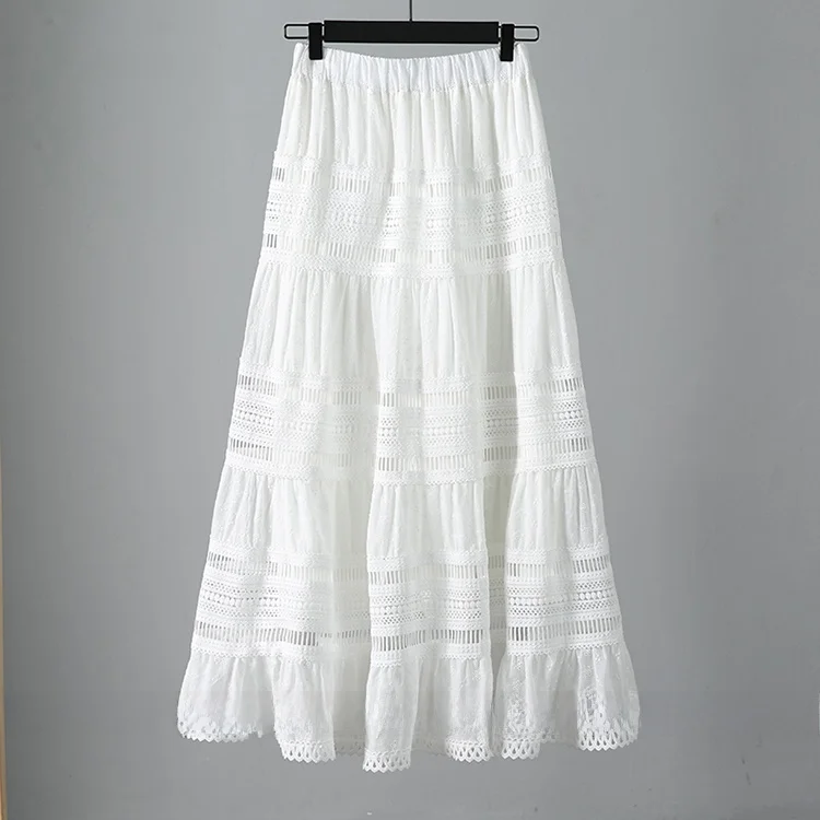 Jupe trapèze mi-longue amincissante, taille haute, dentelle brodée, Design ajouré, mélange de coton, jupe corporelle coréenne