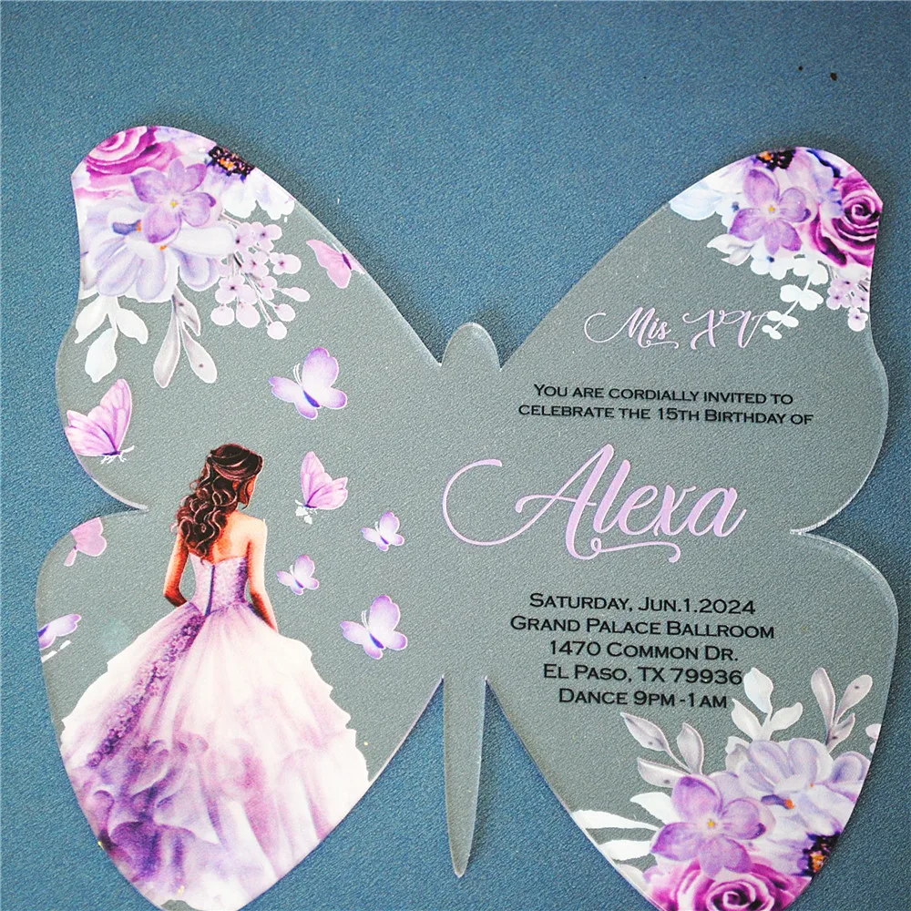 10pcs Girl Sweet 16 Birthday Bar Mitzvah Quinceanera Invitation Card Clear Acrylic Butterfly Custom Print Invite