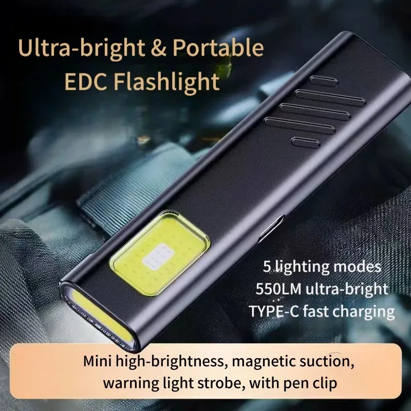 Magnetic Ultra-Thin COB Work Light,Rechargeable LED Flashlight With Clip,Hands-Free Light For Auto Repair,Outdoor,Camping,Hiking