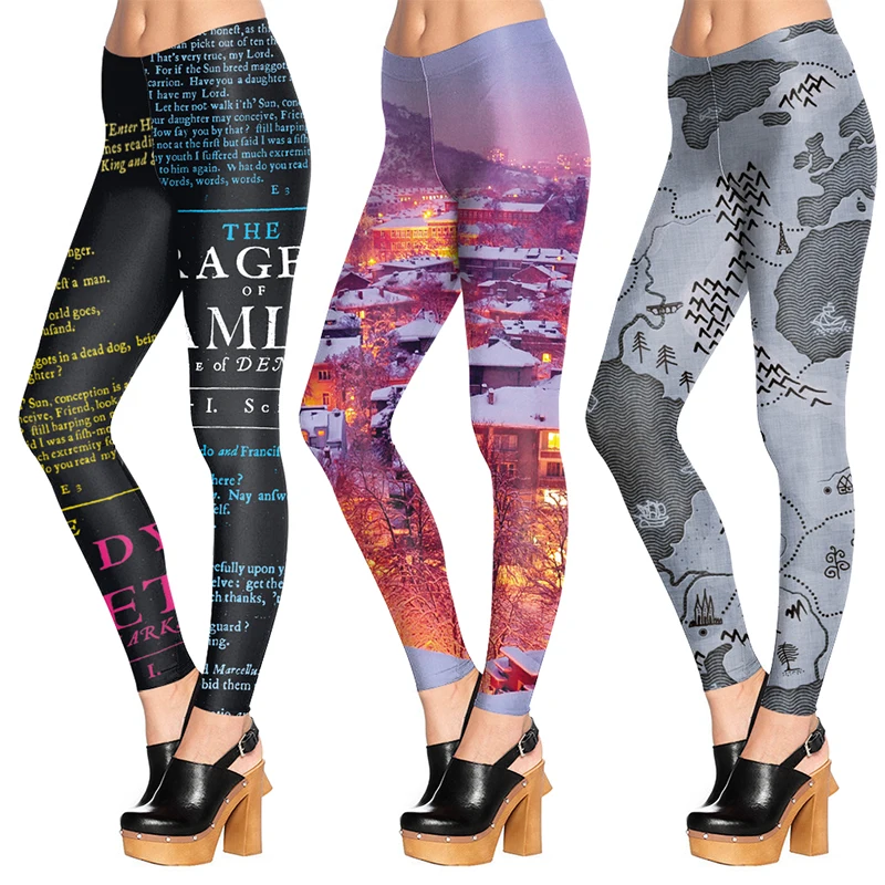 Women's bottoming map landscape print casual leggings polyester spandex blended elastic waist fleece autumn and winter clothing