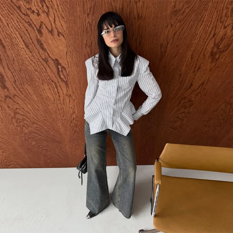 

Новая полосатая блузка-пеплум 2026 года с длинным рукавом, асимметричным подолом, приталенная, офисная, профессиональная, для женщин