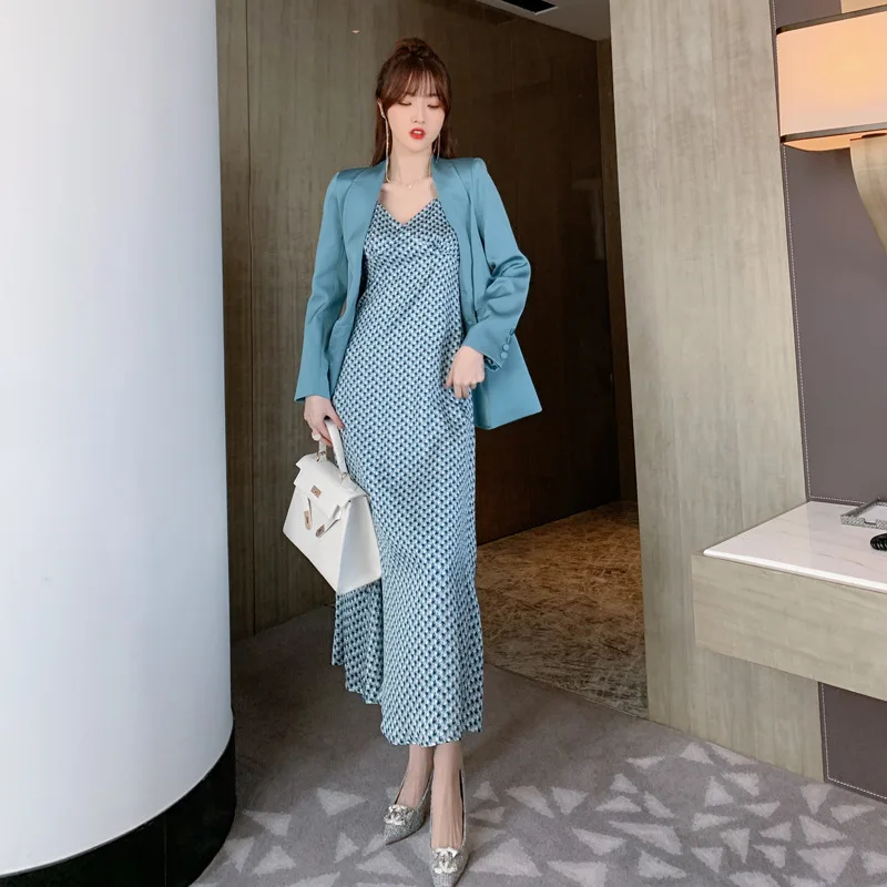 Thousand Bird Grid Two-piece European Station New Fashion Blazer Suspender Tube Top Dress Set