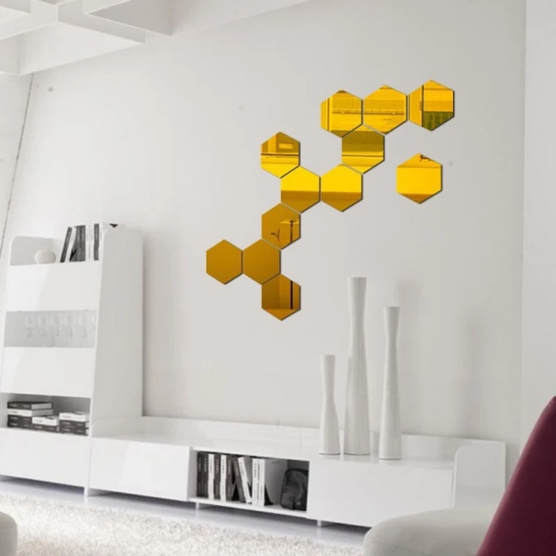 12PCS/Lot Removable Geometric Mirror Wall Stickers - Solid Hexagonal Shape, DIY with Built-in Adhesive for Home Decoration image 4