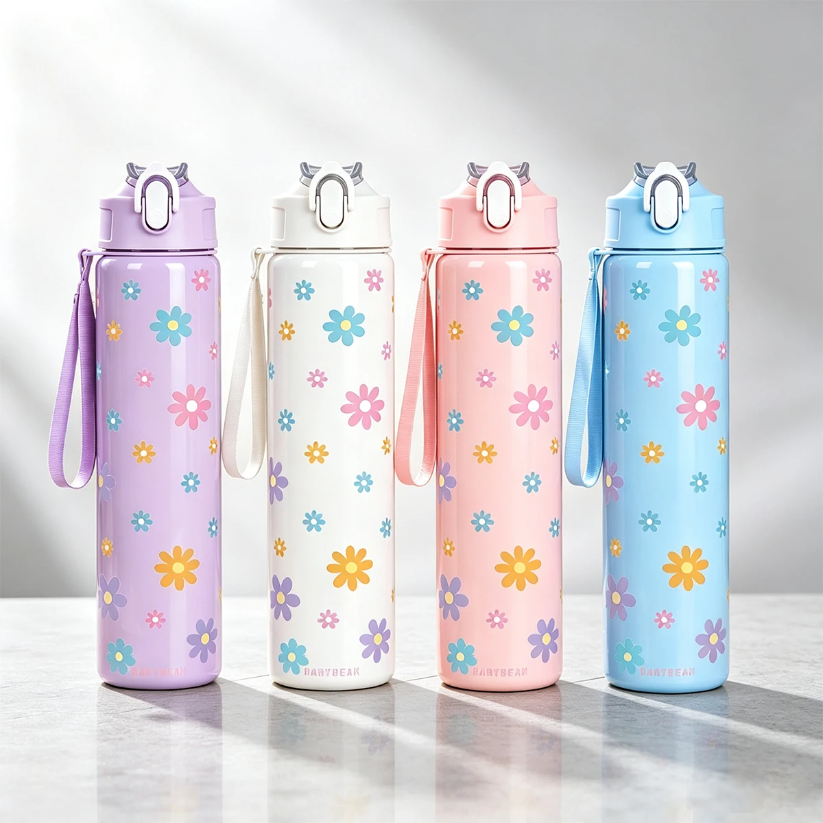 750ml Cute Floral Daisy Plastic Water Bottle One Click Pop Lid Leakproof Portable Drinking Cup For Girls School Travel Gift