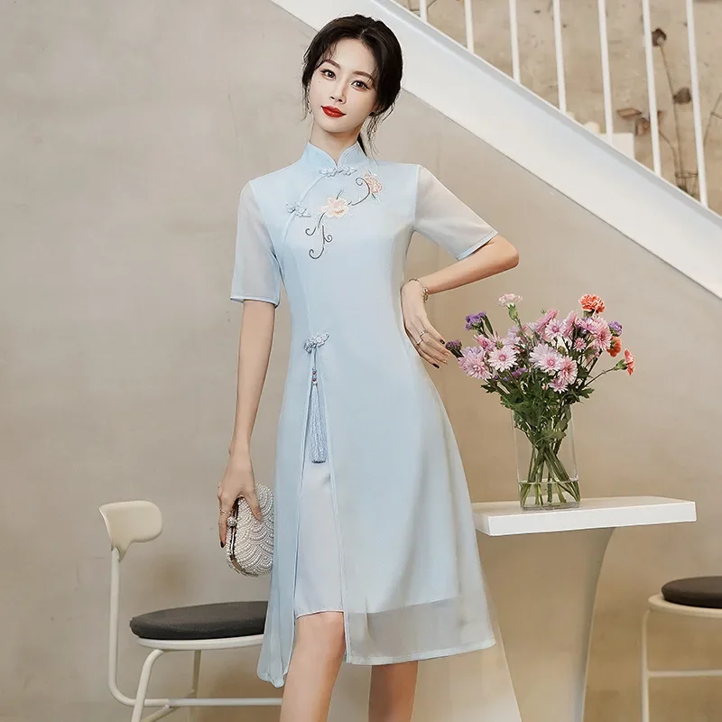 2023 Summer New Women's Chinese Dress Elegant Embroidery Medium-Length Vintage Style Vestment For Special Occasions