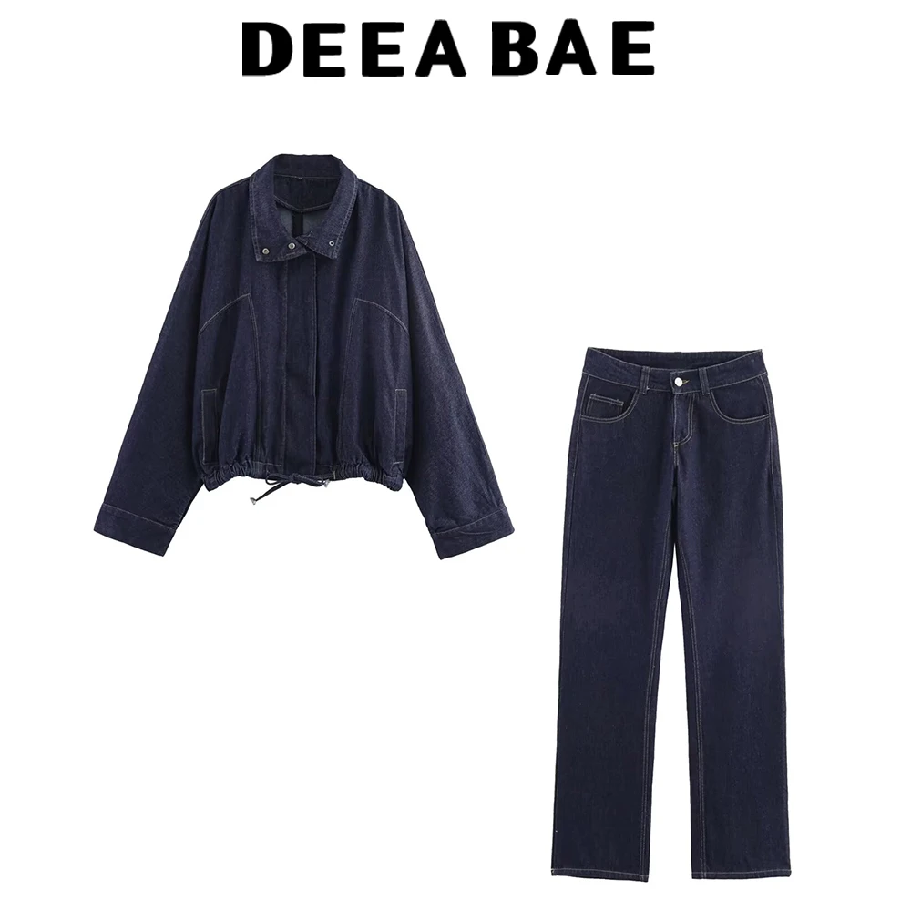 

DEEABAE 2025 осенняя новая женская модная джинсовая куртка с рукавами «летучая мышь» и низкой талией, комплект с широкими штанинами