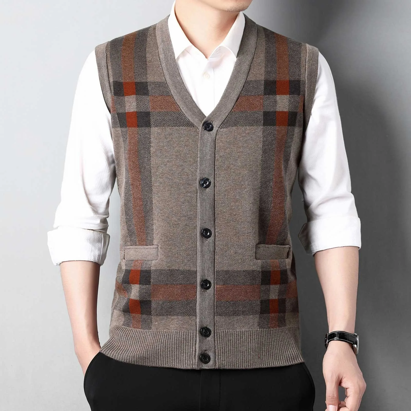 

Men's Autumn and Winter Buttons Jumper Vest Men's Fashion Casual V-Neck Pocket Warm Pattern Jumper Collarless Sweater Vest