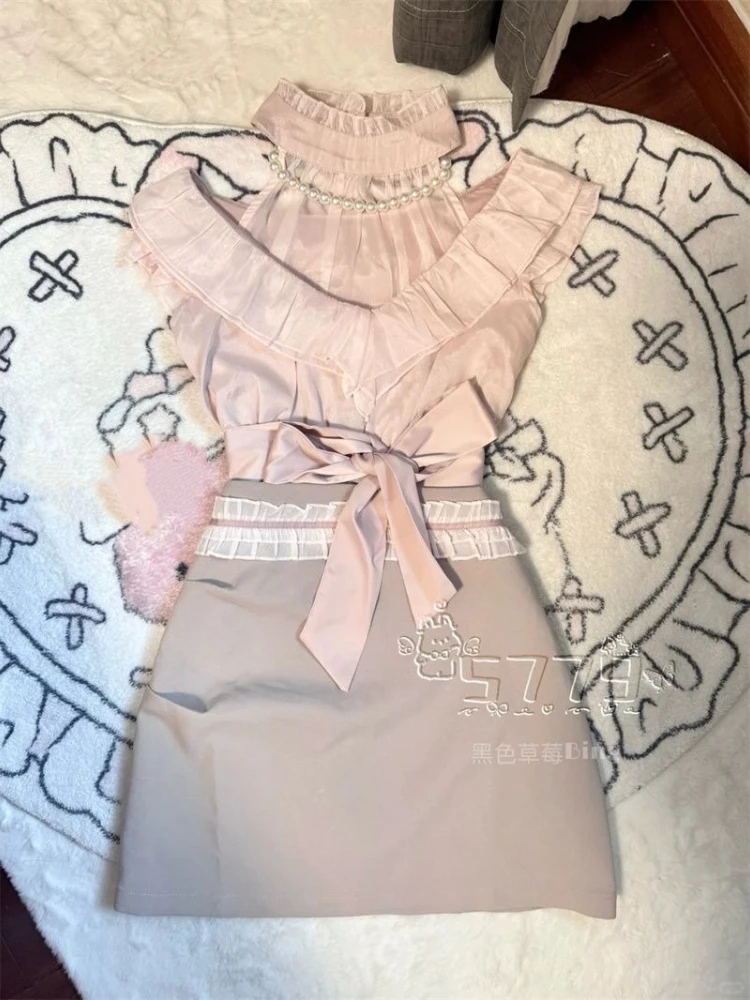 

French Elegant Sweet Gentle Slim 2 Piece Set Women Ruffled Hang Neck Top + High Waist A-line Skirt Summer Pure Desire Suit 2025