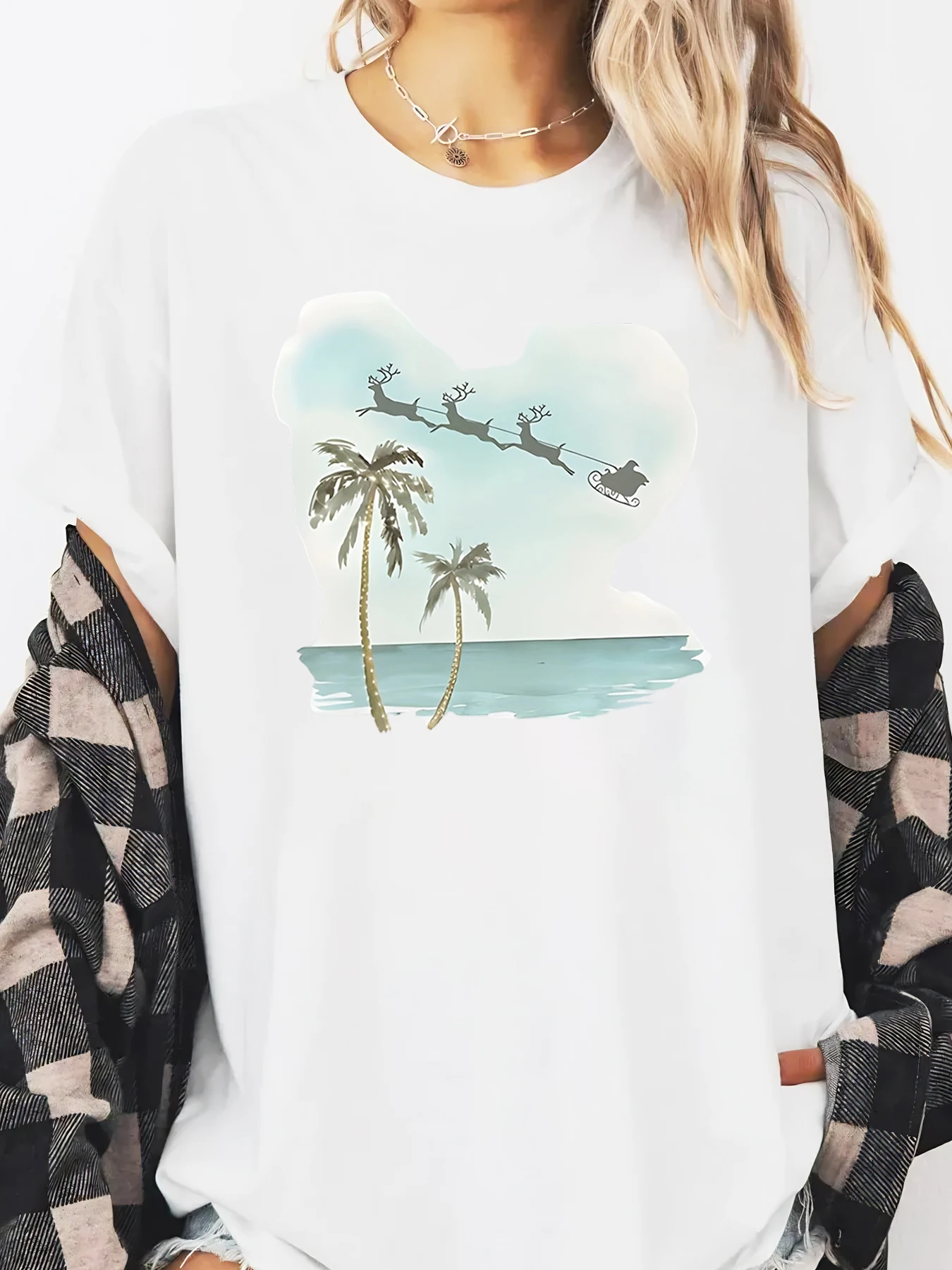 Santa Over Palm Trees Weihnachten Grafik T-Shirt Damen Casual Strand Urlaub Weiß Plus-Size
