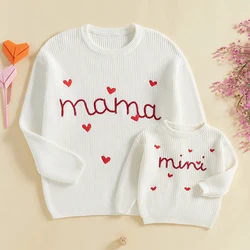 Valentines Day Family Matching Sweaters Mommy and Me Letter Heart Embroidery Round Neck Knitwear Comfortable Warm Baby Tops
