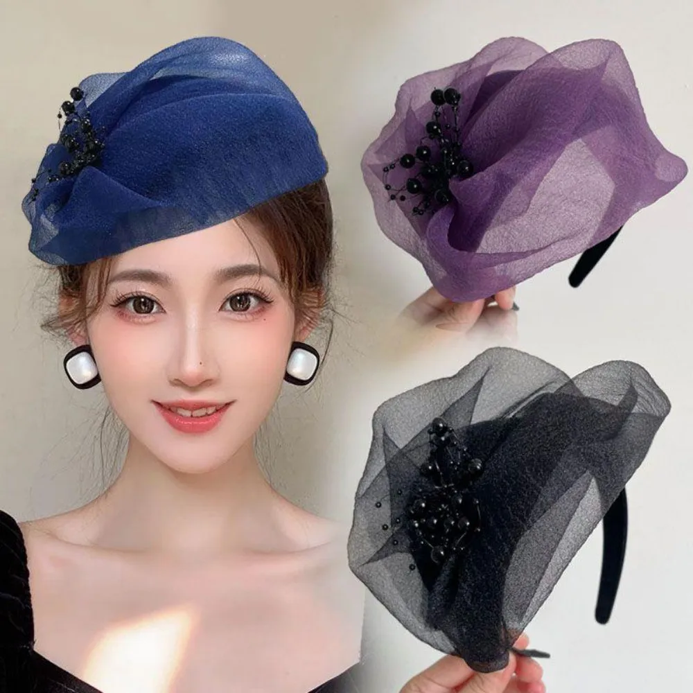 

French Half-hat Headband To Cover White Hair Wide-edge Headbands Organza High Skull Top High Hairpin Headwear