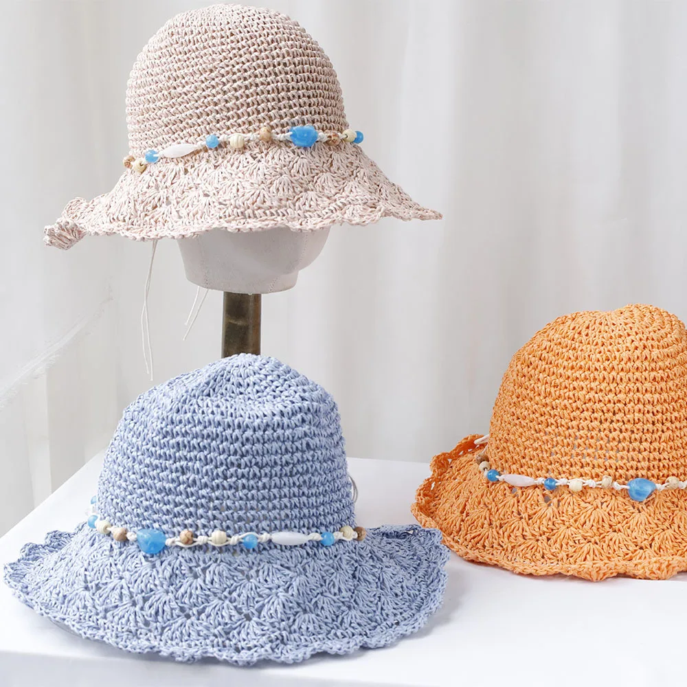2025 Casual Summer Outdoor Women Wide Brim Hat Hand Woven Straw Hat Beach Bucket Sun Hat Foldable Crochet Straw Hat for Women