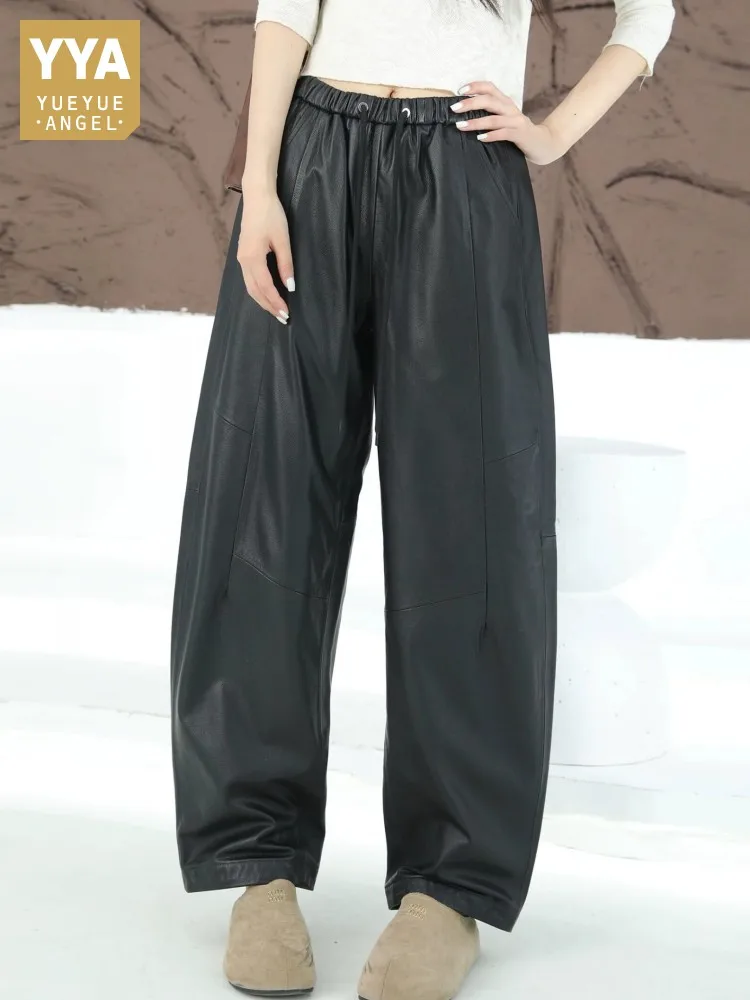 Streetwear Women Genuine Leather Pants Elasitc High Waist Solid Color Real Cowhide Harem Pants Loose Fit Hip Hop Casual Trousers