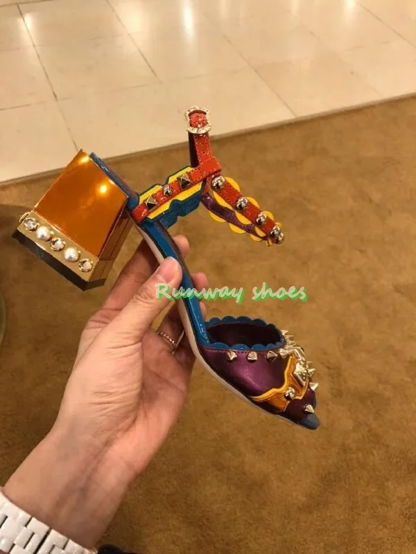 Rhinestone Pearl Heels T-strap Women's Sandals Round Head With Exposed Toe Color Blocking Color Blocking Luxury Handmade Shoes