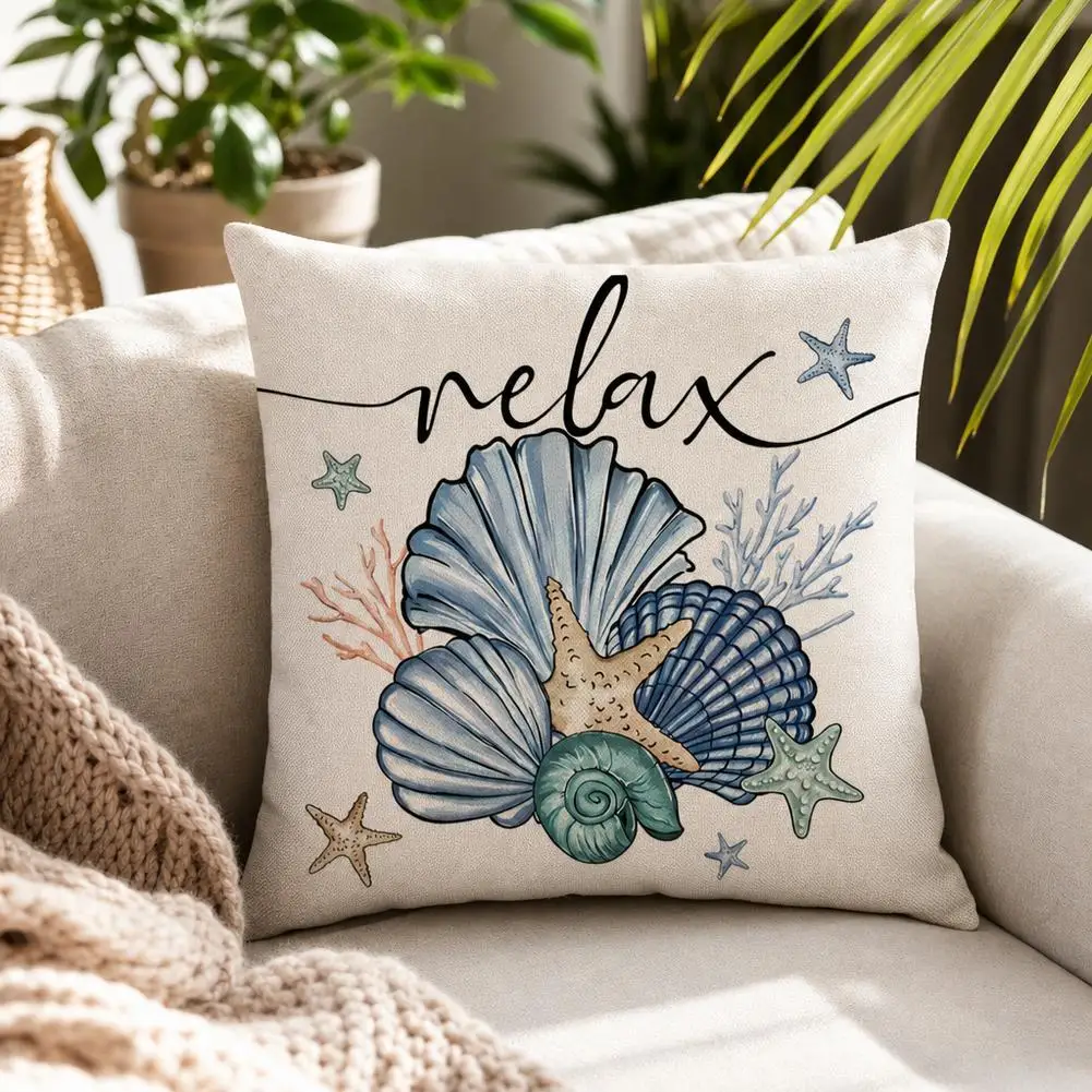 1/4PCS Coastal Throw Pillow Covers 18In Coral Starfish Seashell Beach Decorative Pillow Cases Blue Cushion Covers for Couch Sofa