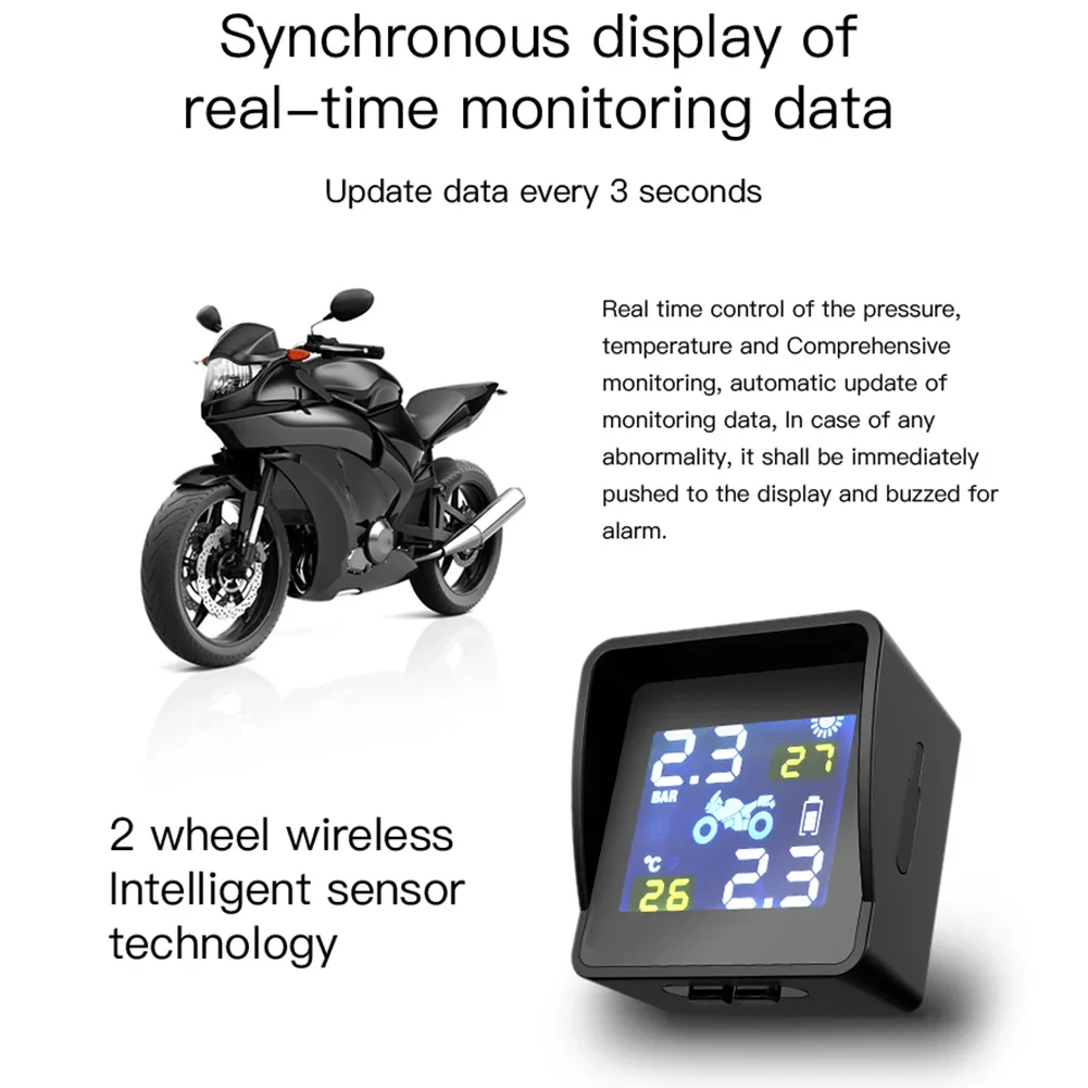 New Solar Charging TPMS Tire Tyre Pressure Monitoring Alarm System High-precision Motorcycle Replacement Parts with 2 Sensors