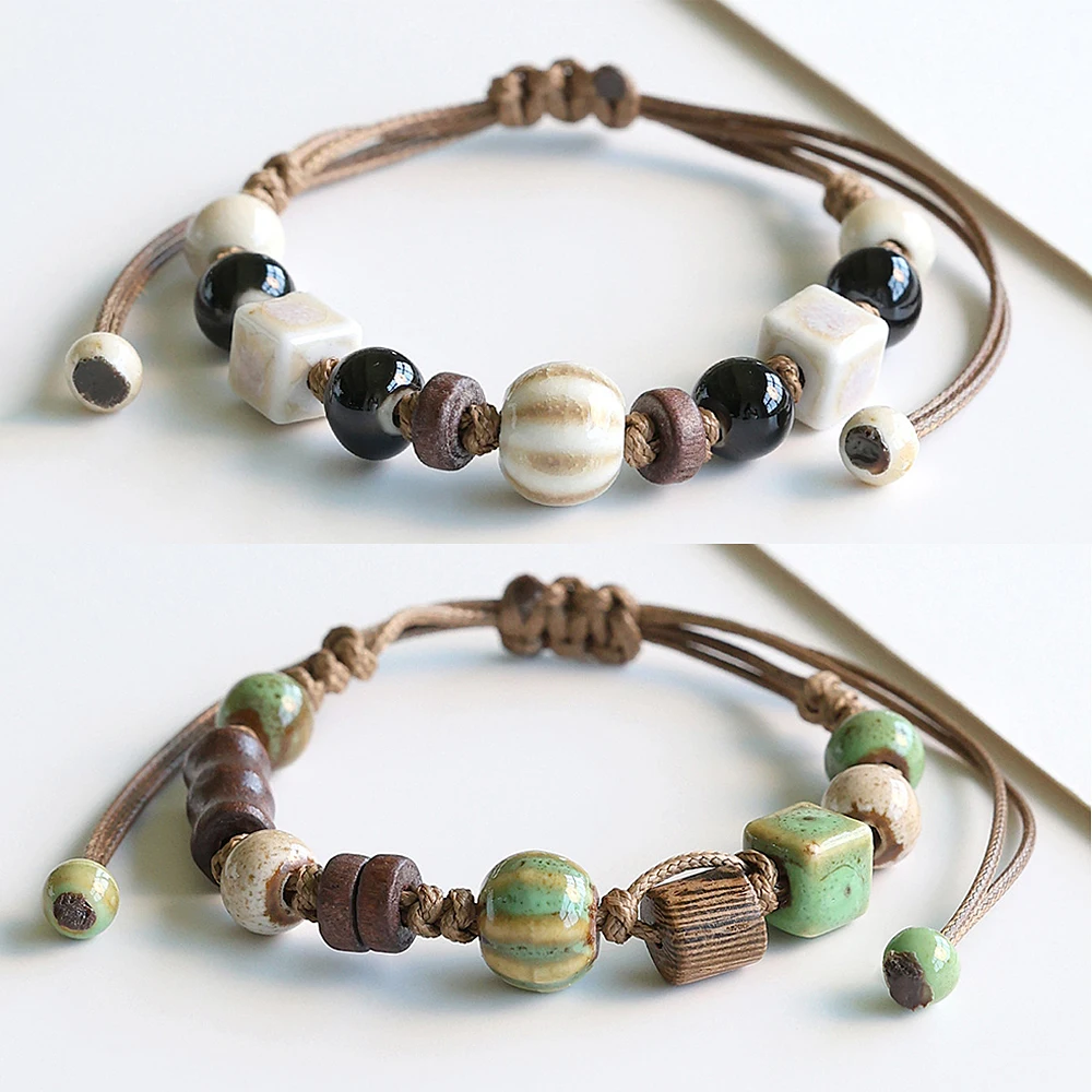 Fashion Bohemian Style Ceramic Beads Bracelet For Women Men Handmade Braided Rope Bracelets Couple Jewelry Gifts Adjustable