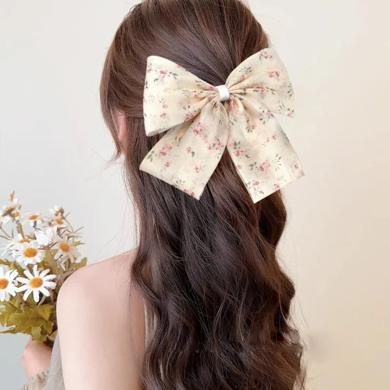

1 Piece 2025 New Fashion Women Chiffon Bow Ribbon Hair Clip Boho Print Floral Head Hair Clip for Girls Elegant France Headwear