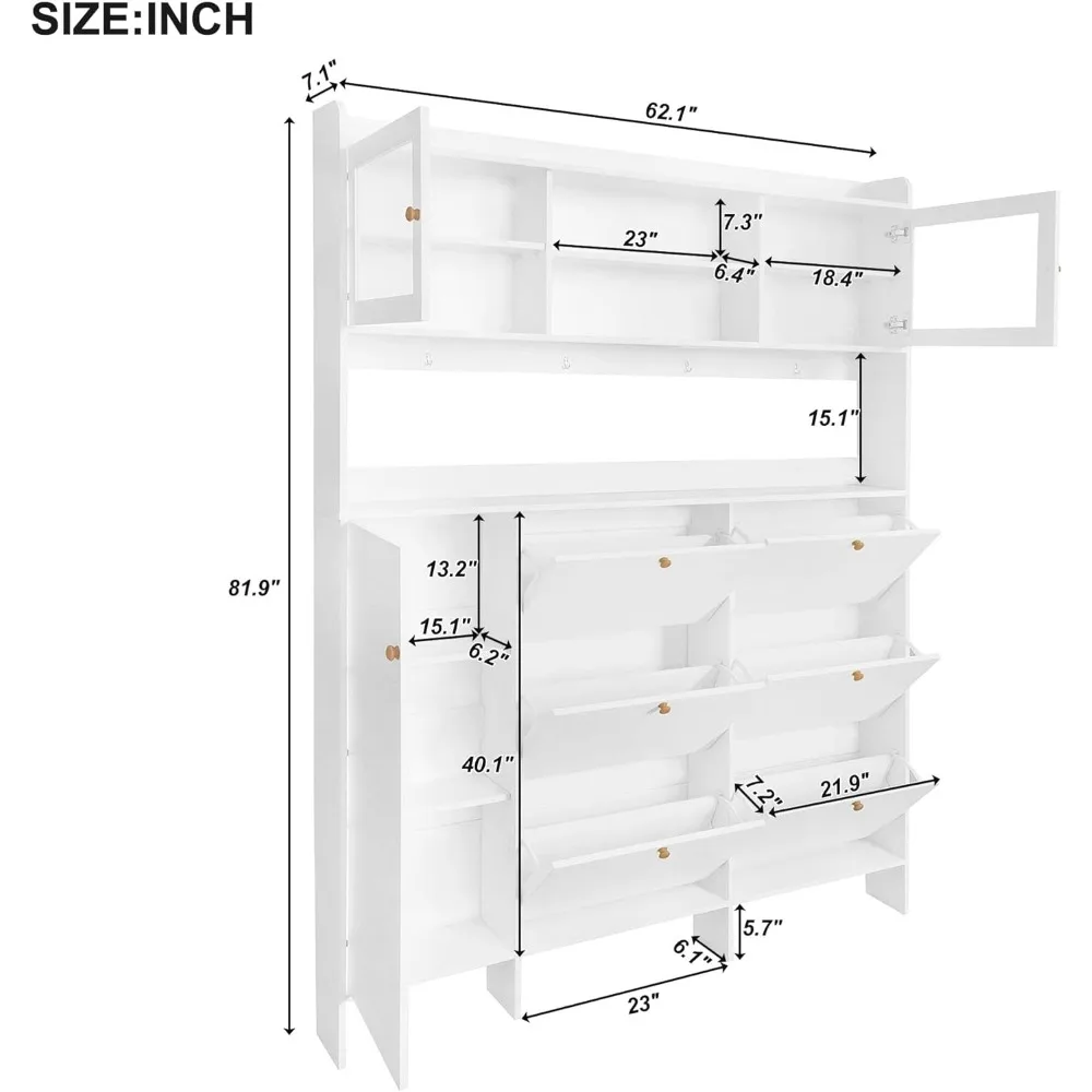 Étagère de rangement pour chaussures multifonctionnelle, grand arbre de hall moderne avec portes en verre du Guatemala et 6 égouts à proximité rabattable