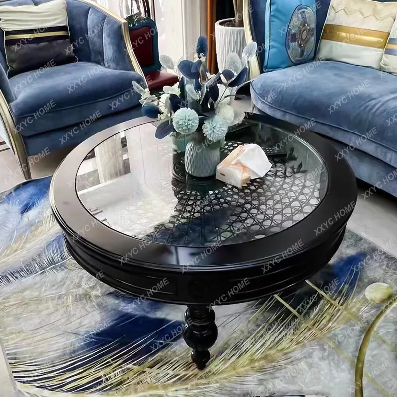 Light luxury solid wood coffee table carved rattan round glass tea table