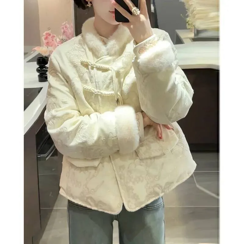 جديد الثقيلة التطريز سترة قطن المرأة الشتاء أزياء ملابس خارجية الوقوف طوق كم طويل فضفاضة تناسب معطف نمط بولو #2