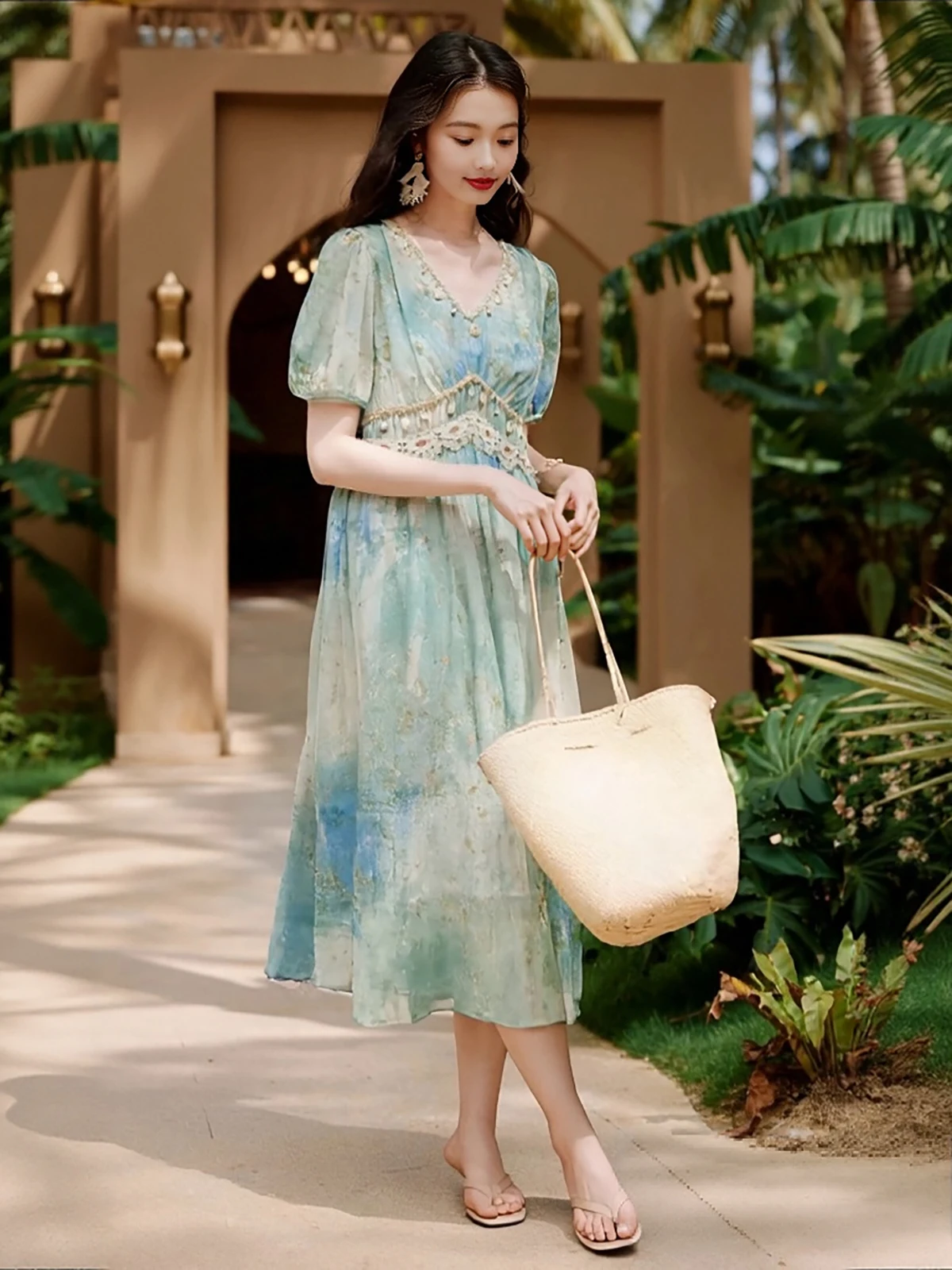 2025 صيف جديد Sle V-Ne Beach Vaion adient Color Blo Chiffon Dr المرأة البسيطة Ele Flounce هيم تجمع الخصر