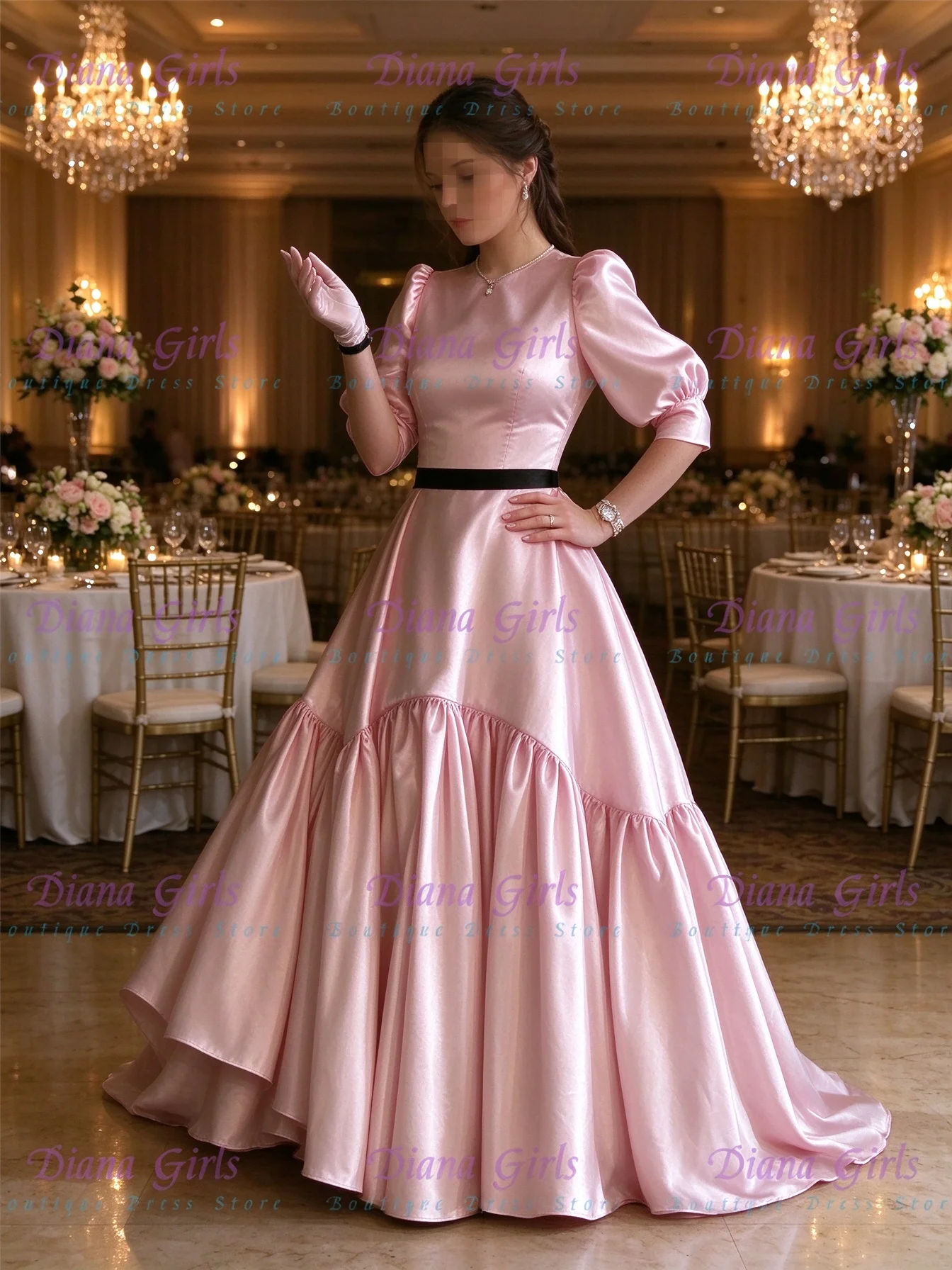 New Quality Elegant Pink Satin Pleated Design Black Bow for Wedding Shirt Collar Balloon Evening Ball Communion Dress Custom