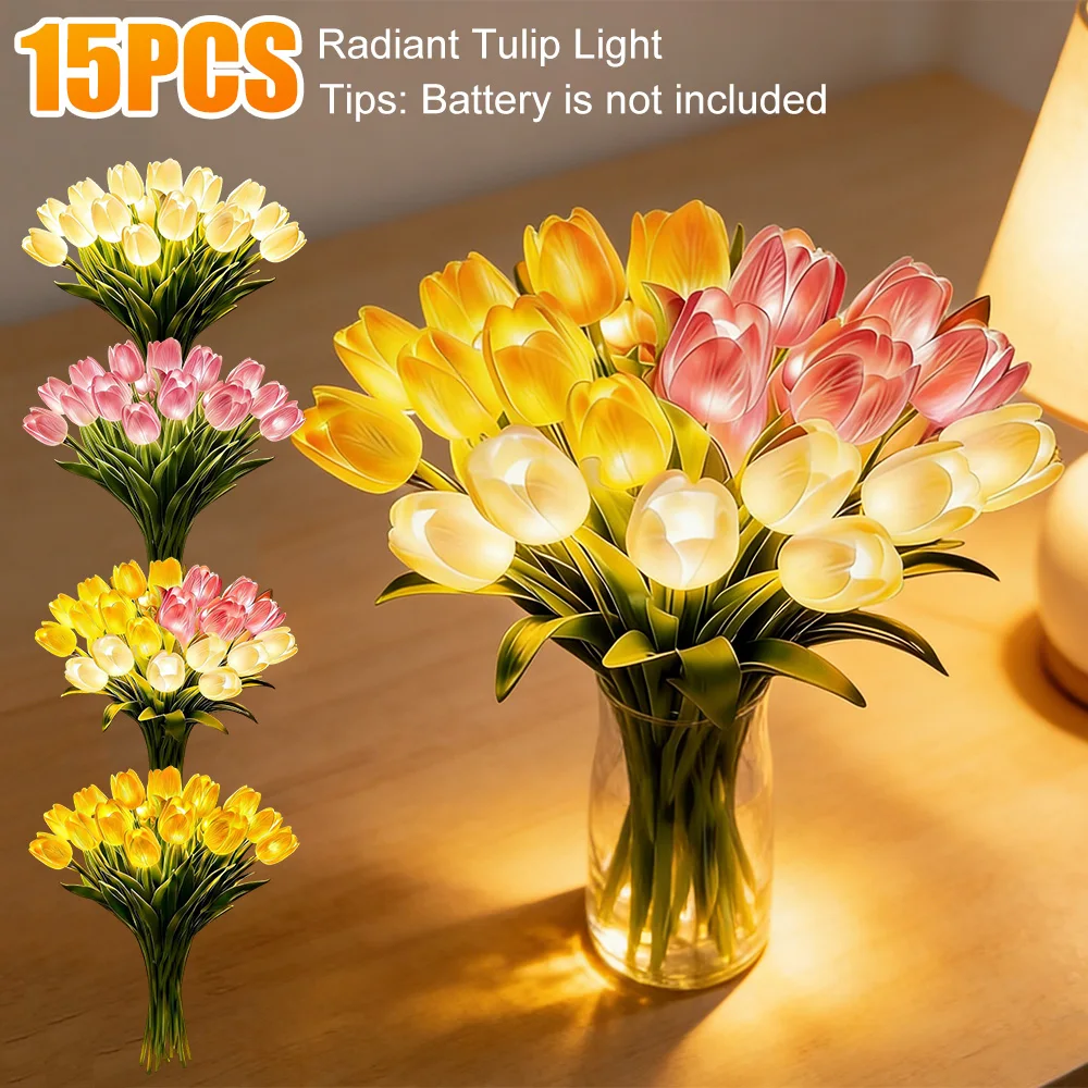 

15Pcs Radiant Tulip Light LED Adjustable Tulip Night Light Warm Light Luminous Bouquet Ornament Artificial Flowers Night Lamp