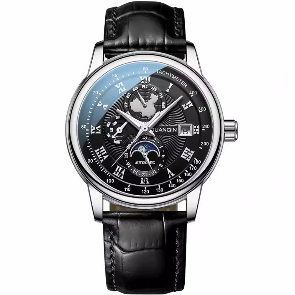 GUANQIN Luminous Leather Mechanical Men's Wristwatch with Sapphire Crystal Moon Phase Waterproof Automatic Sport Wrist Watch