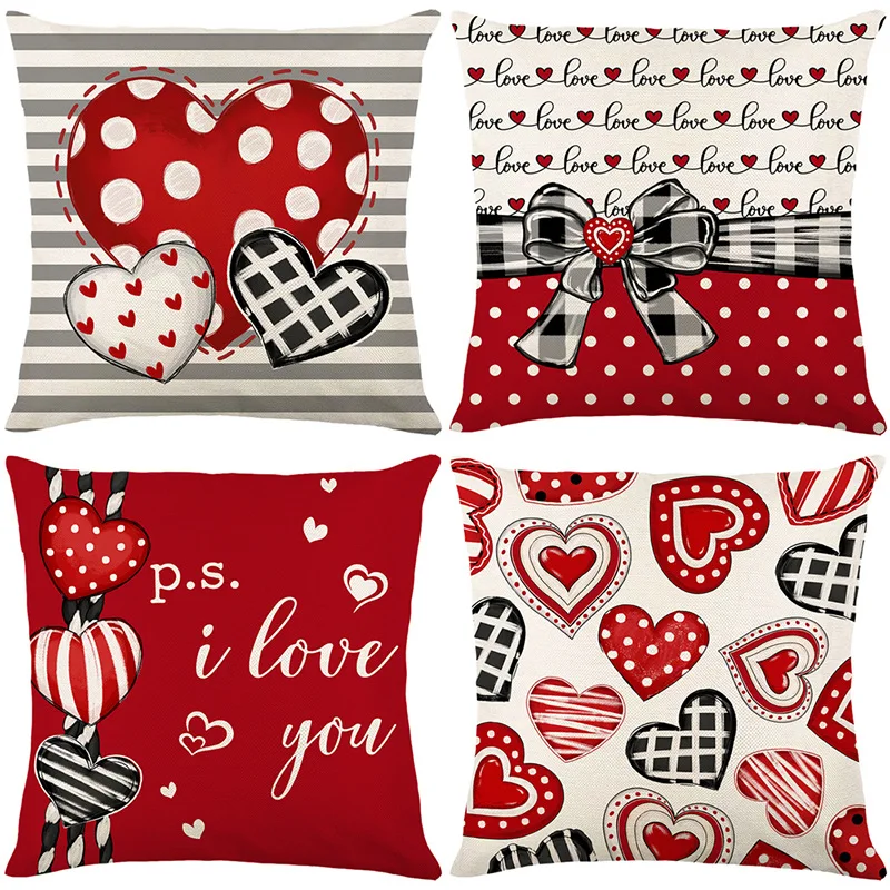 Kisses Hugs Better Together Red Throw Pillow Covers, 18 x 18 Inch Hearts Truck Wedding Cushion Case Decoration for Sofa Couch