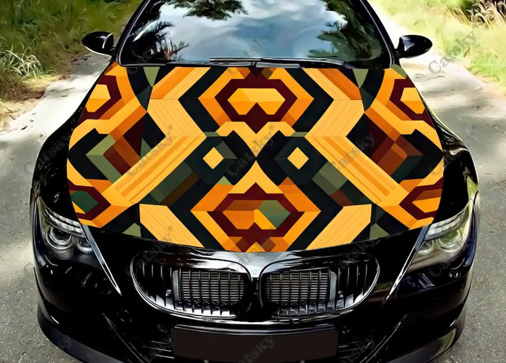 Natural Wooden Geometric Pattern Car Hood Vinyl Stickers Wrap Vinyl Film Engine Cover Decals Sticker on Car Auto Accessories