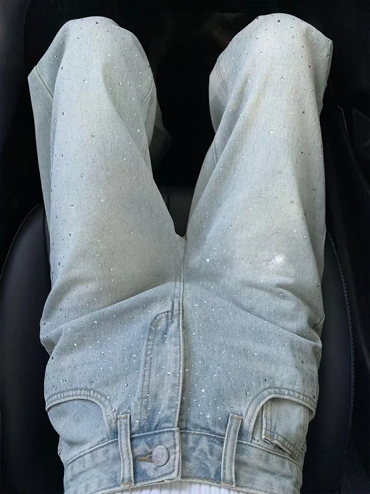 التخسيس الضوء الأزرق مستقيم الساق الجينز المرأة عالية الخصر الماس مزين عارضة تناسب السراويل فضفاضة الطابق طول