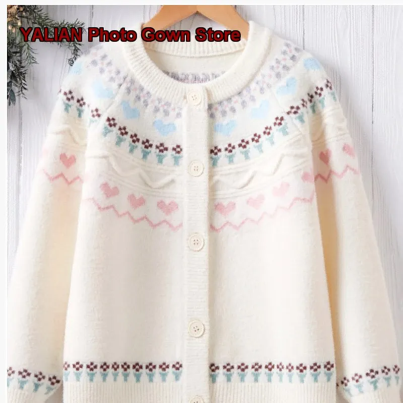 Girls Fleece-Lined Thickened Knit Coat Kids College-Style Autumn Winter Top for Older Kids