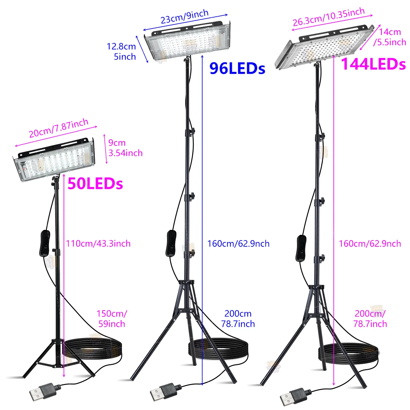144/96/50LEDs Work Lights with Stand,DC 5V, 6000K,with USB plug,Foldable Tripod Floodlight for Workshop Garage Job Site Lighting