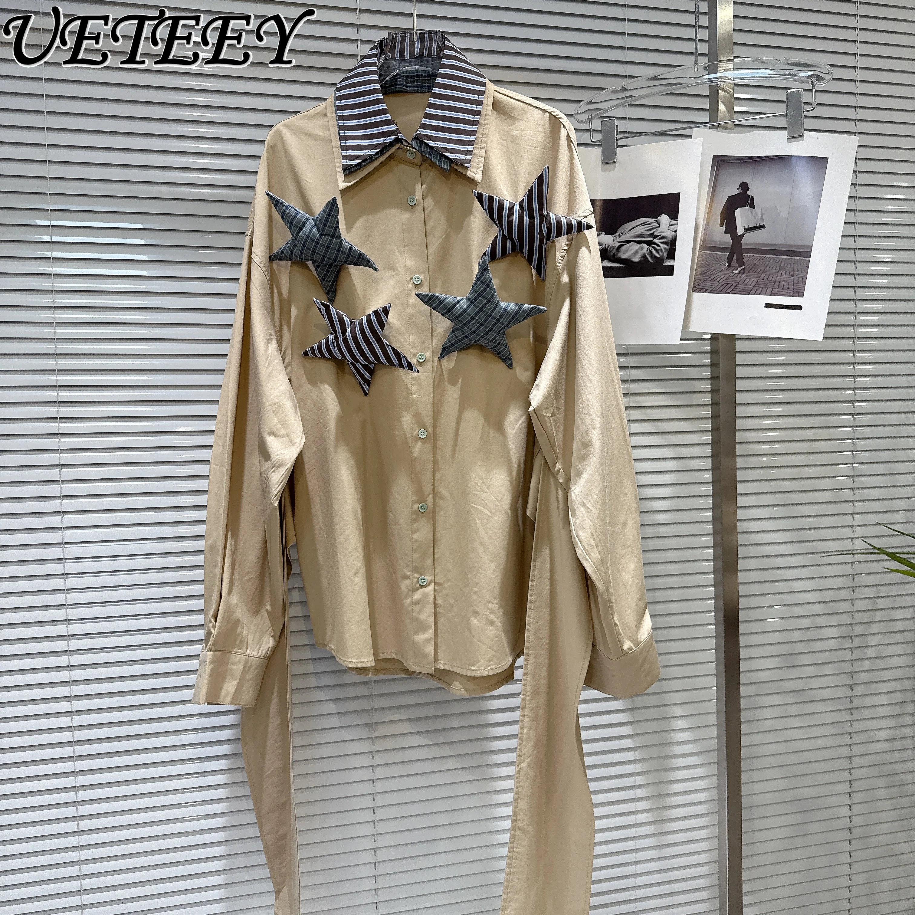 

2025 Autumn New Sweet Cool Hot Girls Striped Five-pointed Star Decorative Strap Blouse Top Loose Casual Long-sleeve Shirt Women