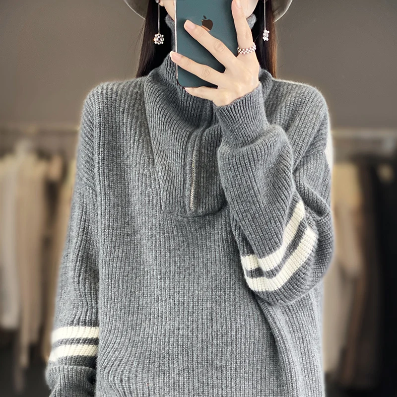 

2023 Autumn/Winter Women's 100% Wool Cashmere Sweater New Polo Collar Knitted Pullover Color Block Loose Korean Fashion Top Wome