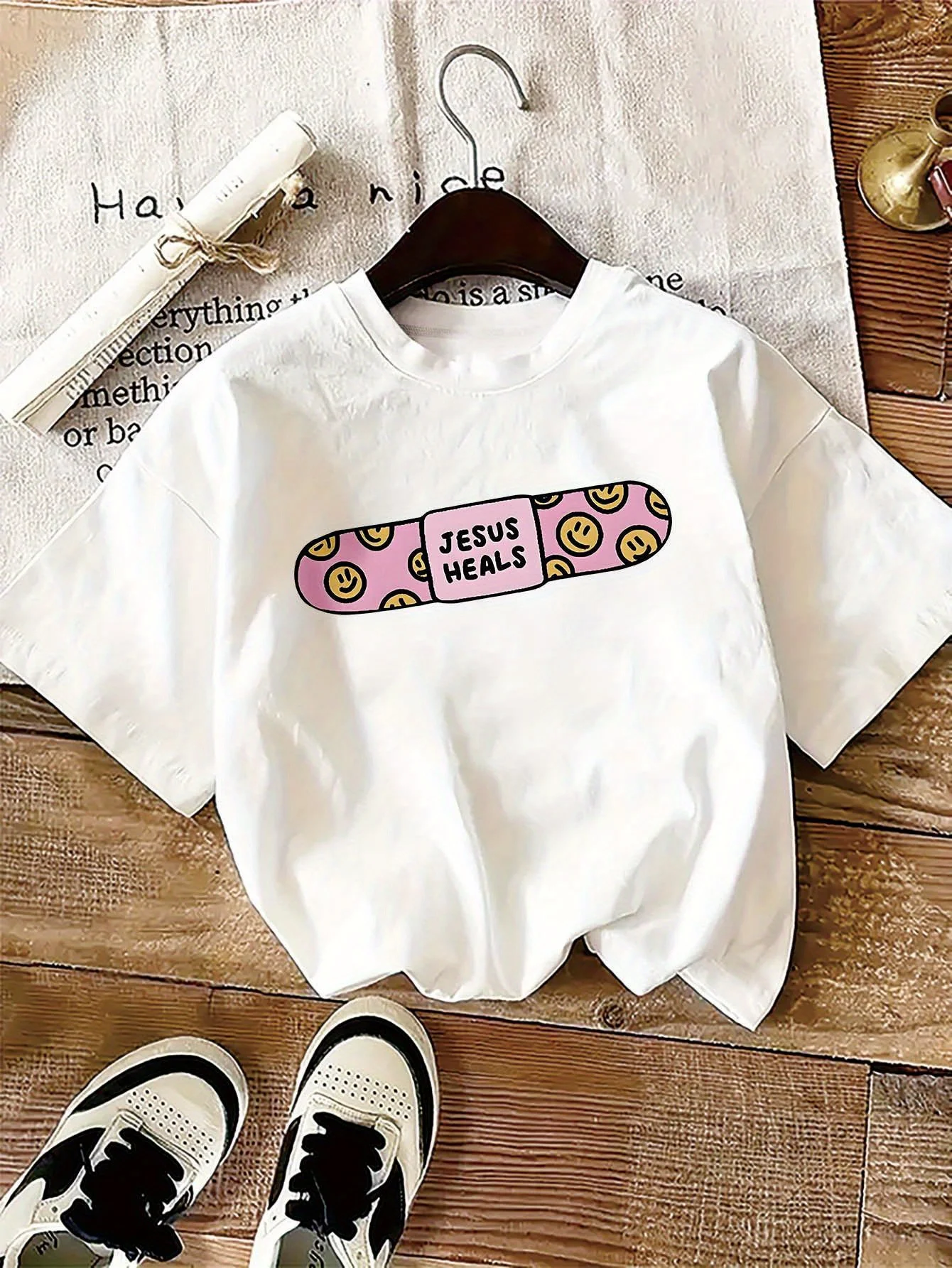 Women Jesus Heals Joyful Face Soft Print Tee Casual Comfy Breathable Short Sleeve Crewneck Everyday Tee Trendy Funny Design Top