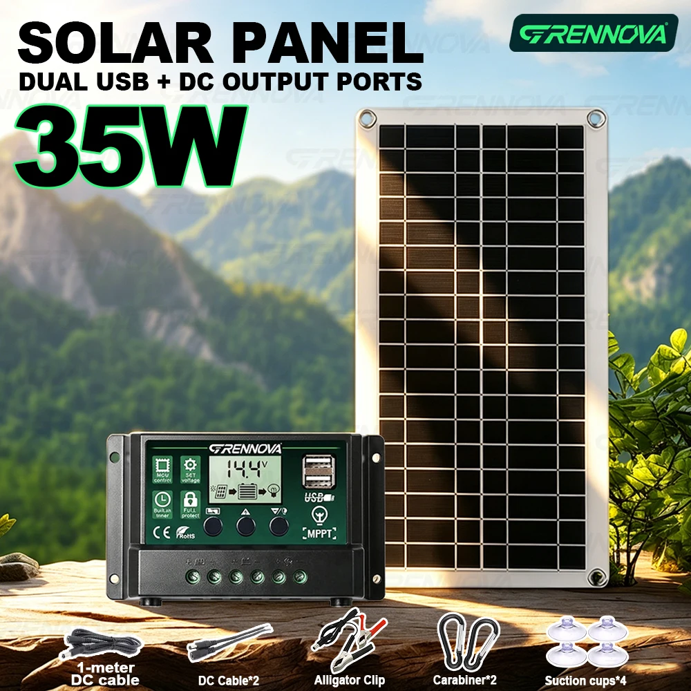 ソーラーパネルキット-35w-デュアルusb-dc出力-10a-30a-60aコントローラー搭載-高出力-バッテリー屋外充電-ガーデン-キャンプ-rv用