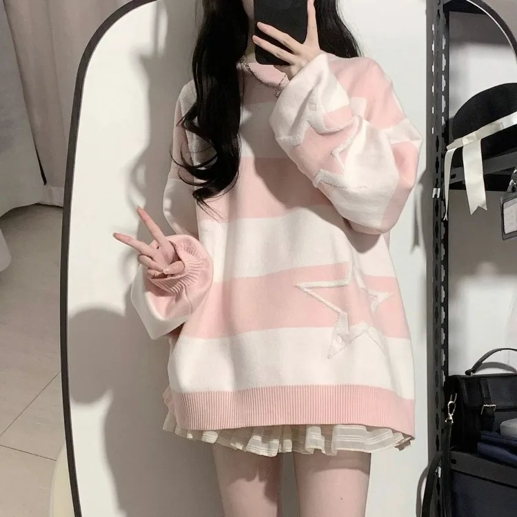 

Sweet Cute Pink Striped Star Sweater for Women 2025 Autumn Winter New O-neck Tops Mujer Y2k Long Sleeve Loose Pullovers