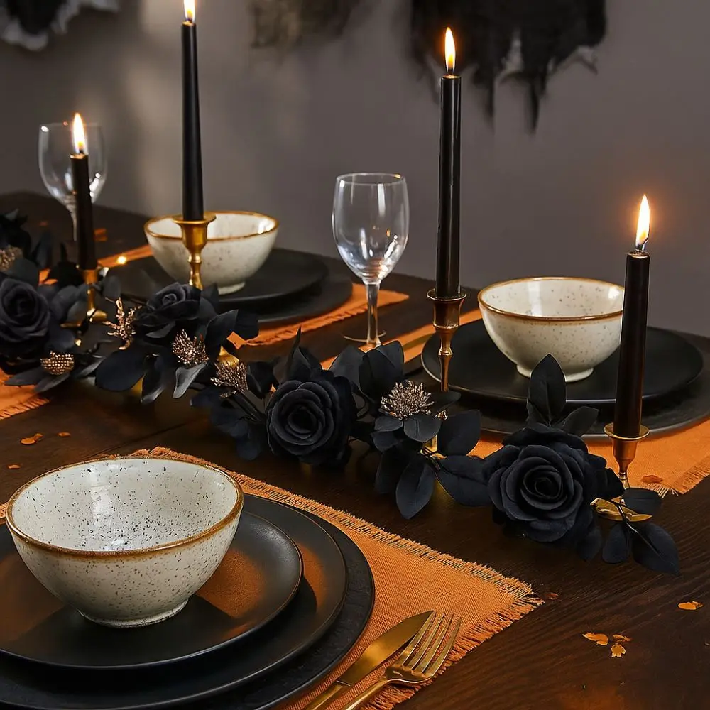 

Black Halloween Rose Leaf Vines Simulated Flowers 175cm Artificial Rose Vines Handmade Realistic Halloween Garland