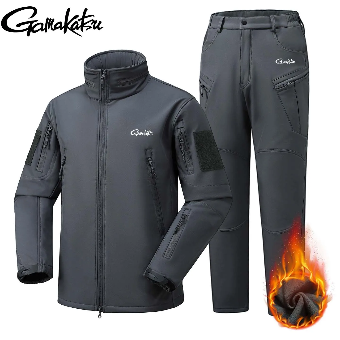 Gamakatsu Fishing Sharkskin Soft Shell Jacket Set Men - Windproof Water-Repellent Fleece-Lined Durable Hiking & Training Outfit