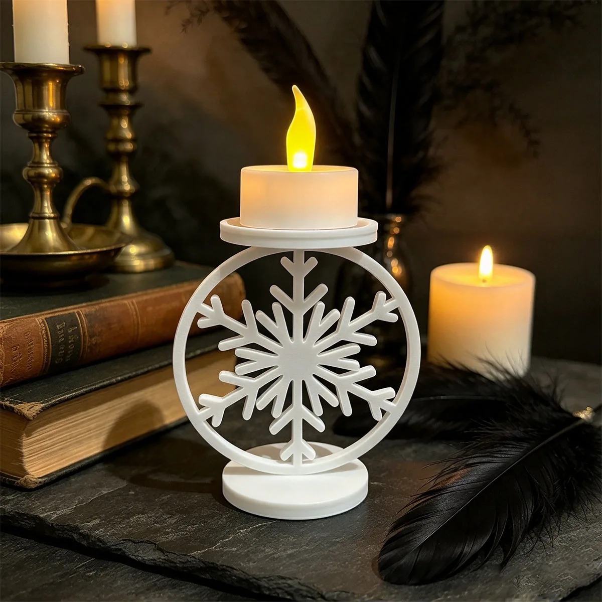 Hollow Snowflake Candle Holder White Resin Tealight Stand Suitable for LED CandlesTabletop Ornament for Halloween Home Decoratio