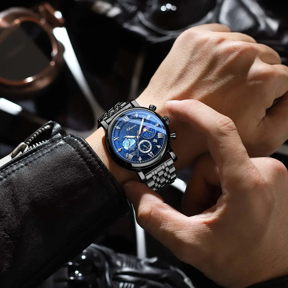 

CHENXI NEW Man Watch Multi-function Chronograph Moon Phase Date Quartz Watches Sky Dial Men Wristwatch Reloj Hombre