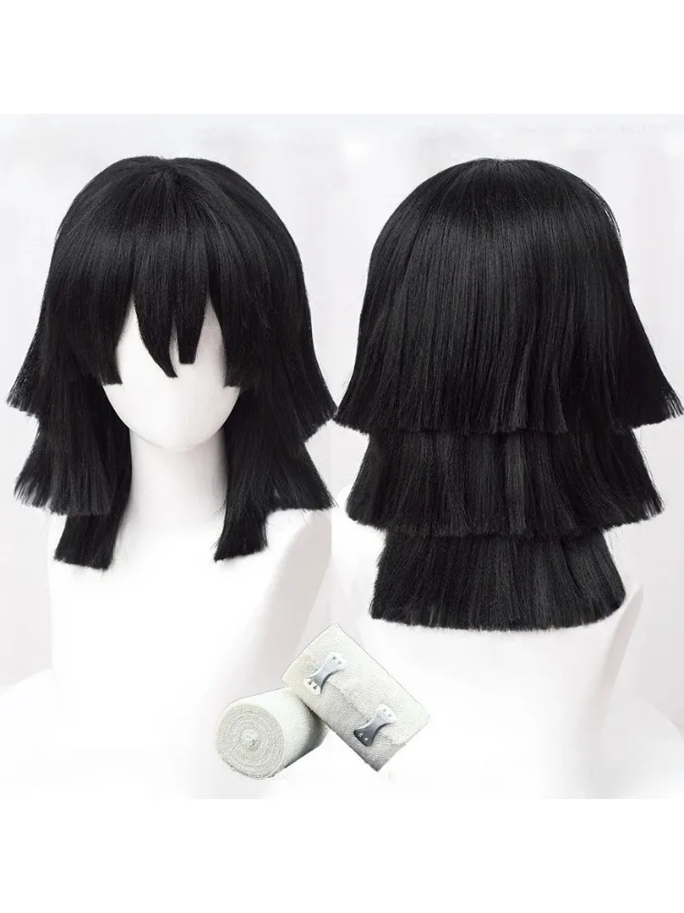 Anime Iguro Obanai Cosplay Perücke 40 cm Kurze Schwarz Stil Layered Perücken Hitzebeständige Synthetische Haar Halloween Perücken