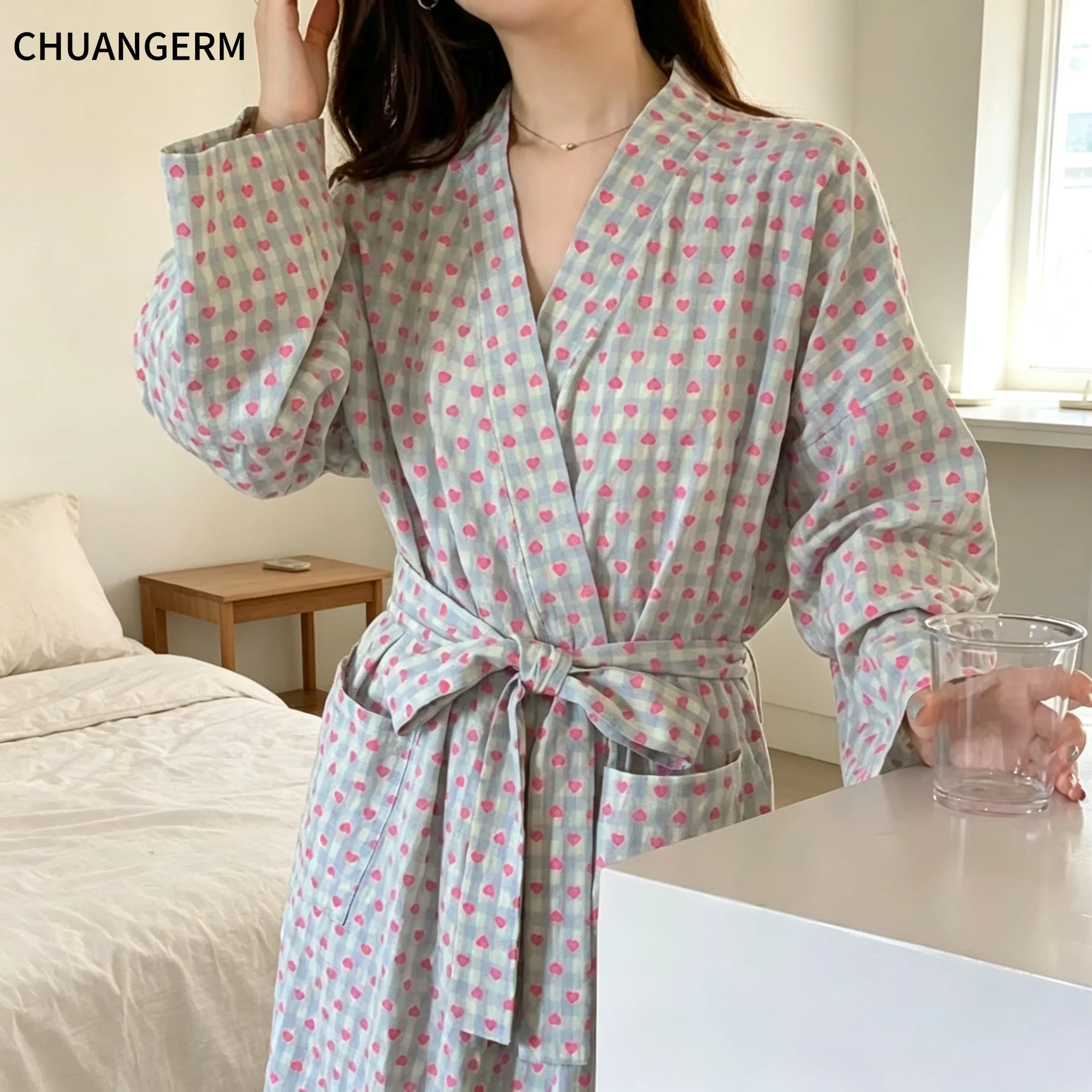 CHUANGERM Women Sweet Plaid Long Sleeve V‑Neck Lace Up Loose Medium‑Long Robe Comfortable Sexy Home Wear Loungewear